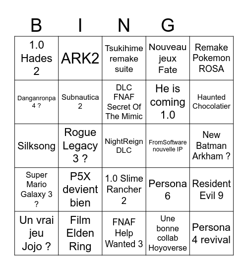 Les jeux que je veux Bingo Card