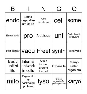 Cellular Vocabulary Bingo Card