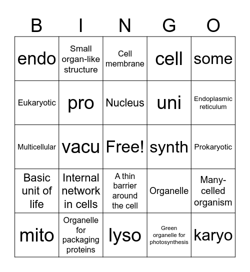 Cellular Vocabulary Bingo Card