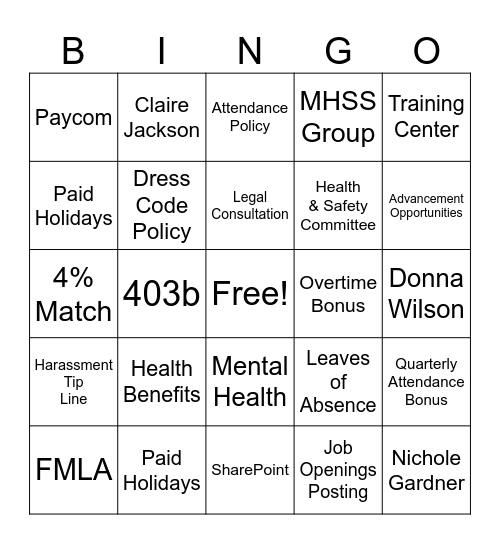 Motivational Services Human Resources Bingo Card
