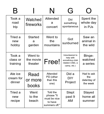 GVA Summer Vacation Bingo Card