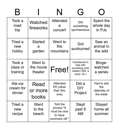 GVA Summer Vacation Bingo Card