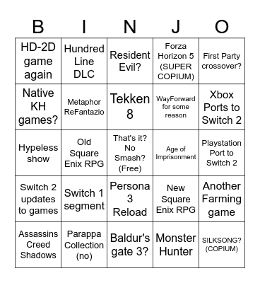 Nintendo Direct P.S. Bingo Card