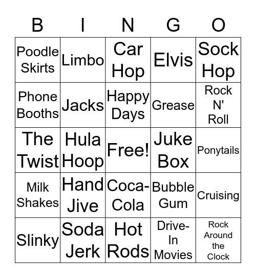 Fifty's Sock Hop Bingo Card