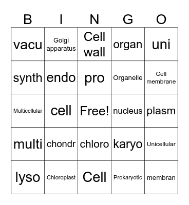 Cellular Vocabulary Bingo Card