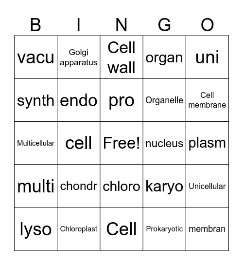 Cellular Vocabulary Bingo Card
