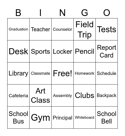 Back to School BINGO Card