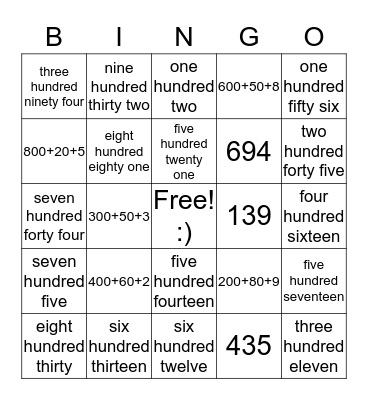 Number Names Bingo Card