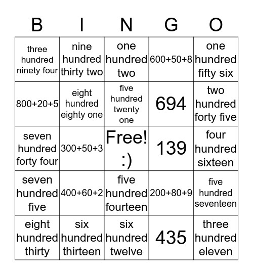 Number Names Bingo Card
