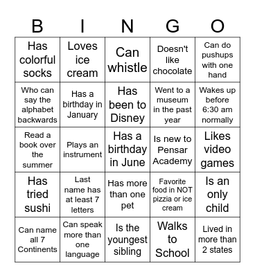 Middle School BINGO: Find someone who... Bingo Card