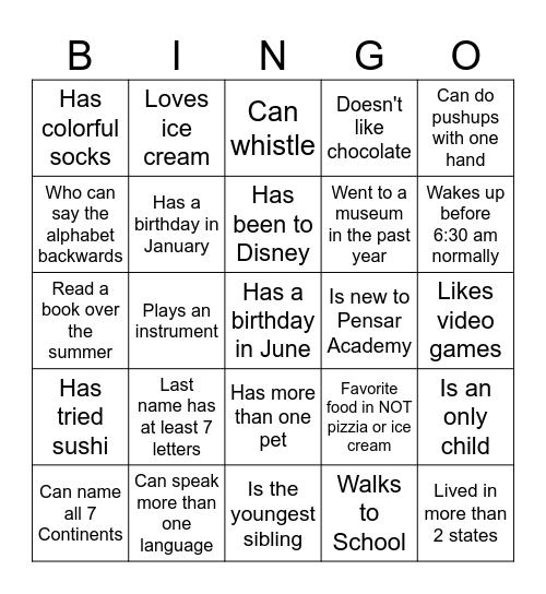 Middle School BINGO: Find someone who... Bingo Card