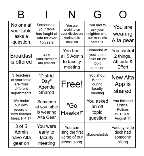 Faculty Meeting Bingo Card