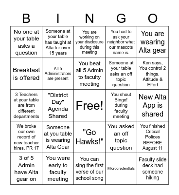 Faculty Meeting Bingo Card