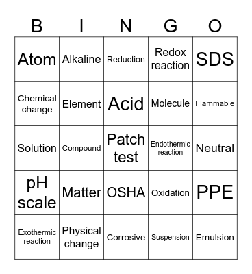 Chem and Chem Safety Bingo Card