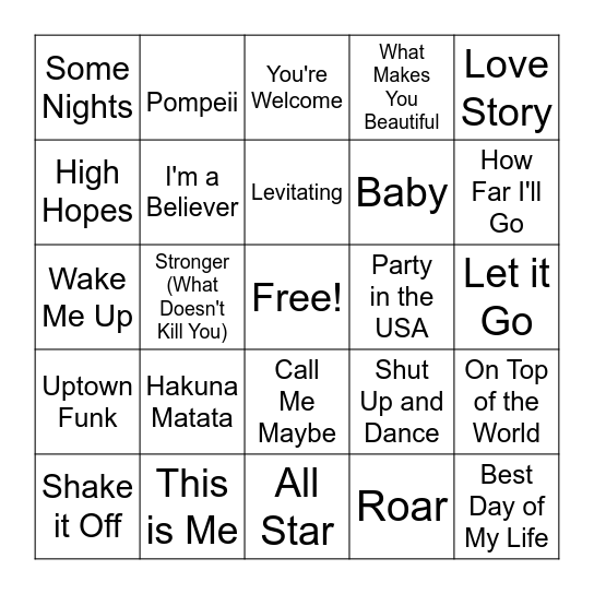 Musical Bingo Card
