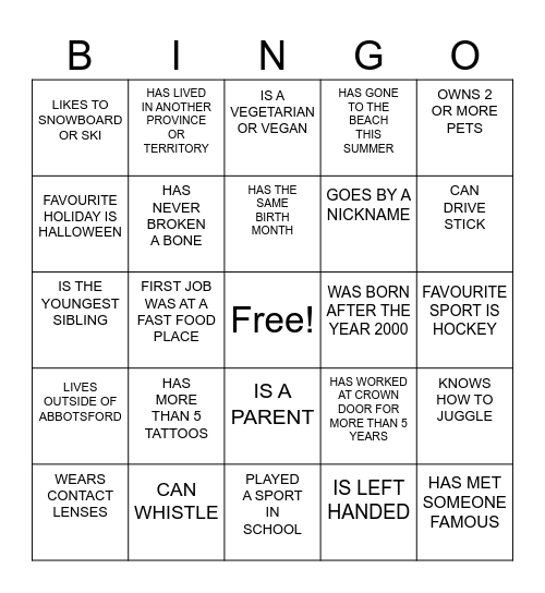 CROWN DOOR BINGO Card