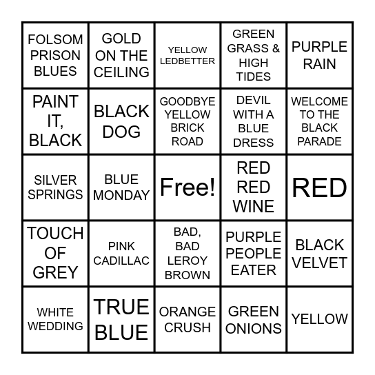 COLORFUL SONGS Bingo Card