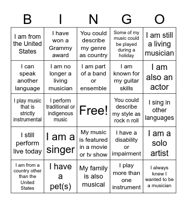 Student Musician of the Month BINGO Card