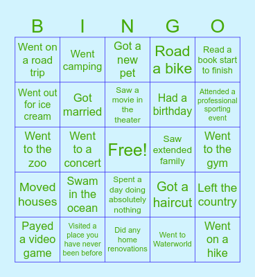 Summer Break Bingo Card