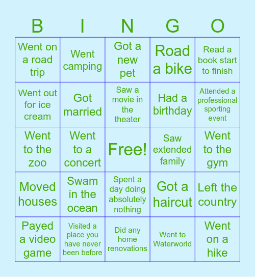 Summer Break Bingo Card