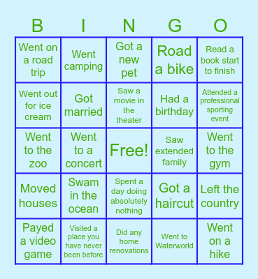 Summer Break Bingo Card