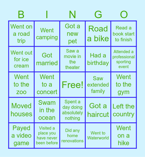 Summer Break Bingo Card