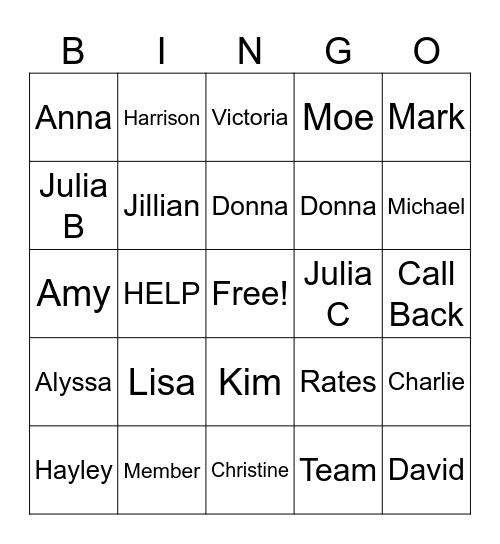 Member Services Team Bingo Card