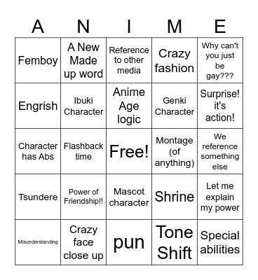 Anime Trope Bingo Card