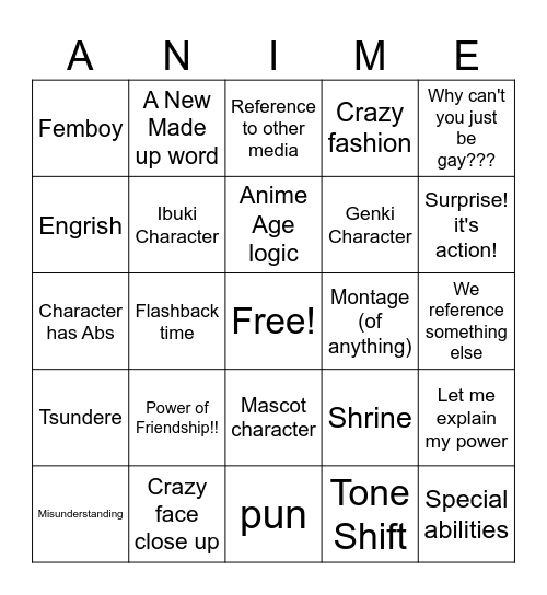 Anime Trope Bingo Card