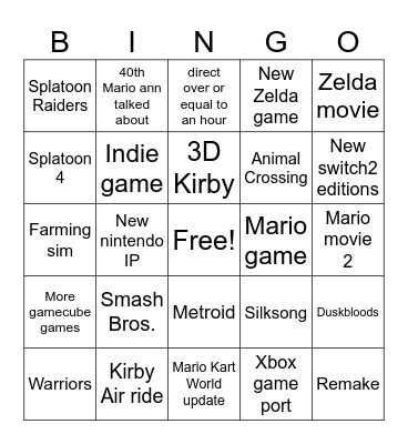 Nintendo direct Bingo Card