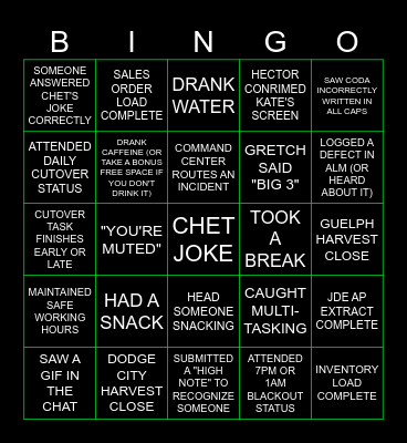 GL1 Cutover Bingo Card