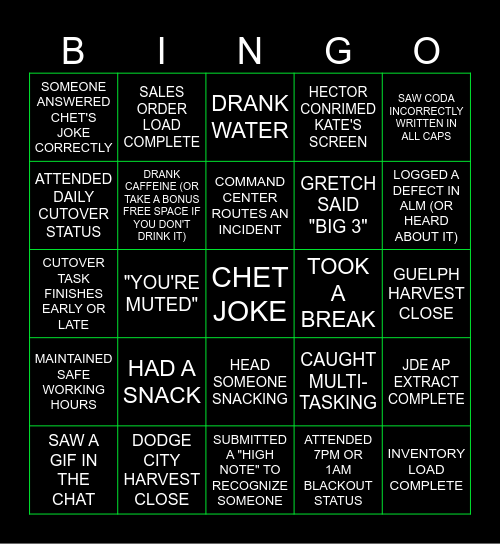 GL1 Cutover Bingo Card
