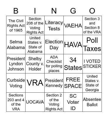 VOTING RIGHTS ACT OF 1965 Bingo Card