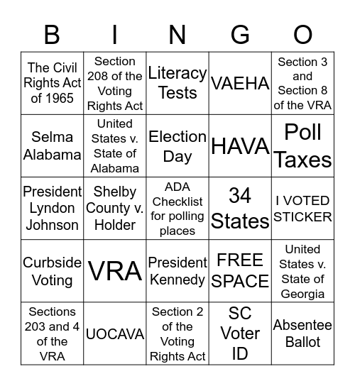 VOTING RIGHTS ACT OF 1965 Bingo Card