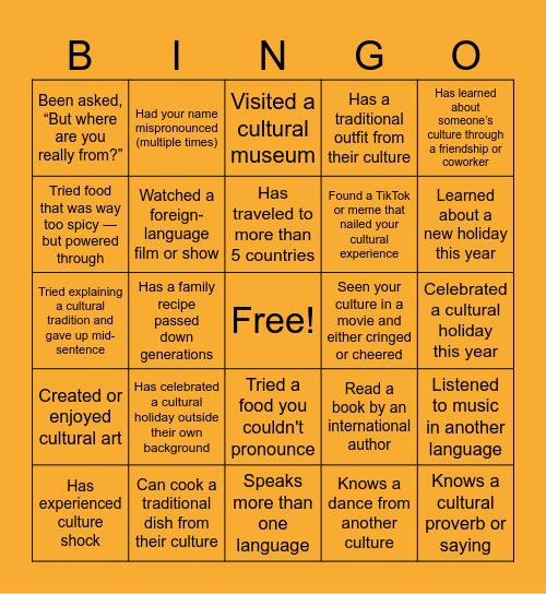 Zayo Cultural Bingo Card