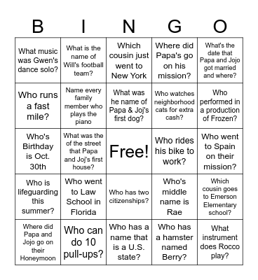 Family Bingo Card