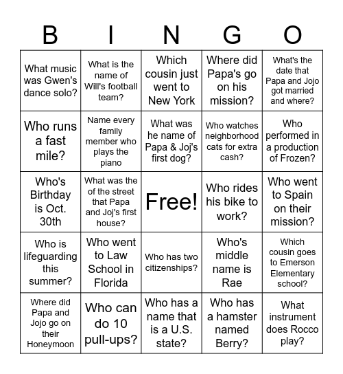 Family Bingo Card