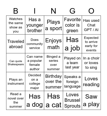 New School Year Bingo Card
