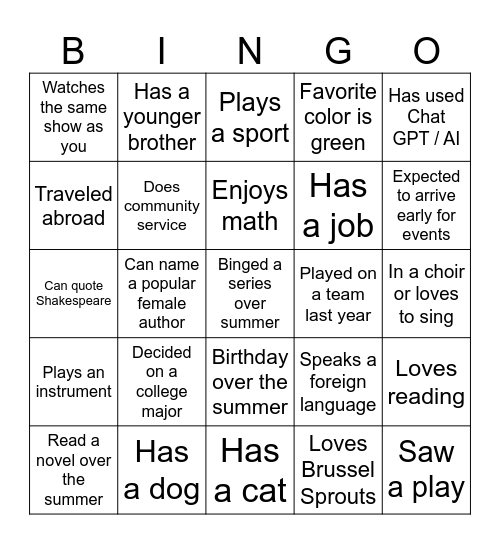 New School Year Bingo Card