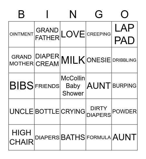 McCollin Baby Shower Bingo Card
