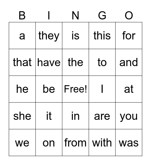 Sight Words Bingo Card
