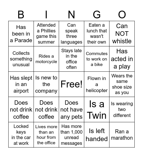 Find a Co-Worker Who..... Bingo Card