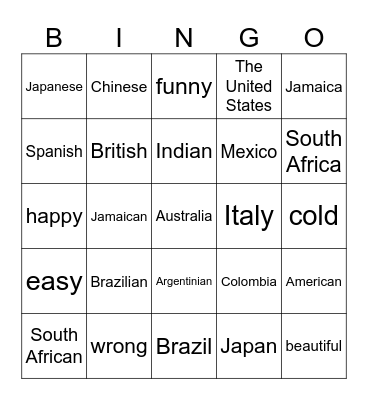 Nationalities, countries and adjectives Bingo Card