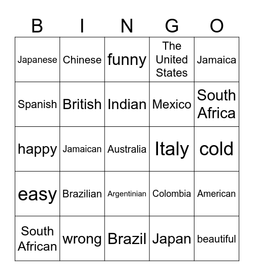 Nationalities, countries and adjectives Bingo Card