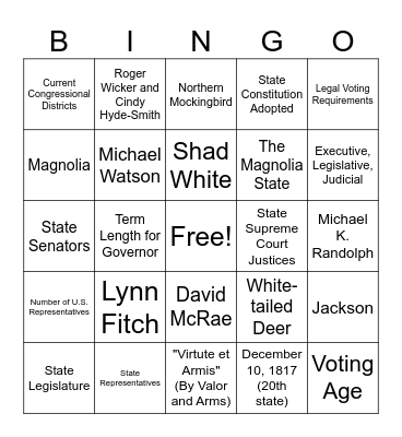 Mississippi Facts Bingo Card