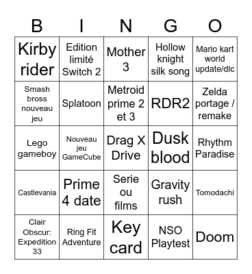Nintendo Direct Bingo Card