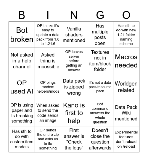 Datapack Hub Questions Bingo Card