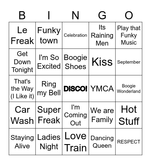 Disco Music Bingo Card