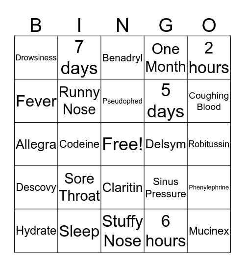 Cough and Cold Bingo Card