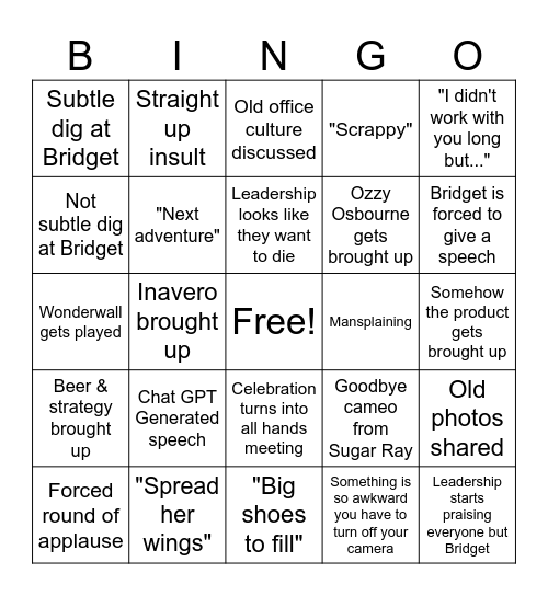 Bridget's Sendoff Bingo Card